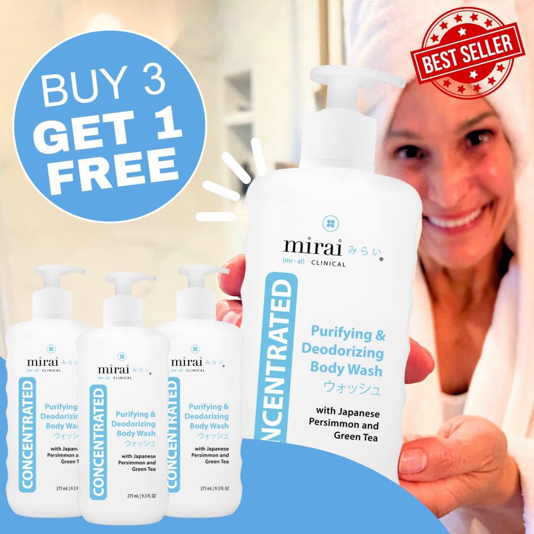 Promotion: Buy 3 Get 1 Free Mirai Clinical Body Wash, offering effective nonenal and body odor reduction.