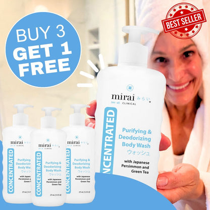 Promotion: Buy 3 Get 1 Free Mirai Clinical Body Wash, offering effective nonenal and body odor reduction.