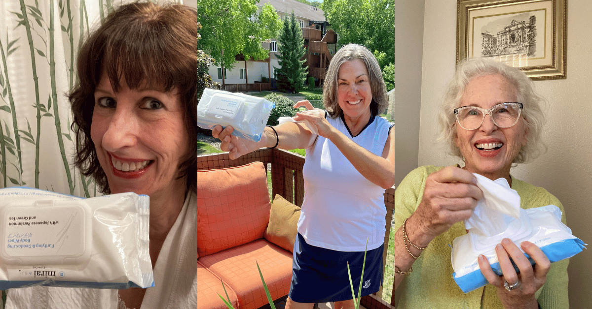 Three women confidently showcasing their use of Mirai Clinical Body Wipes in a user-generated content image.