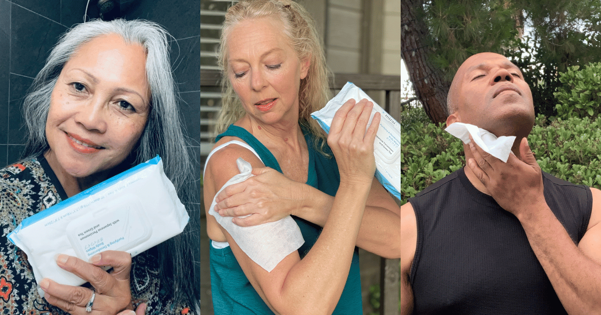 Three women happily showcasing and using Mirai Clinical Body Wipes, emphasizing the product's effectiveness in real-world scenarios.