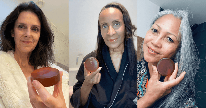 Three women proudly displaying the Mirai Clinical Soap Bar, emphasizing its popularity and effectiveness in addressing body odor and enhancing skin health.