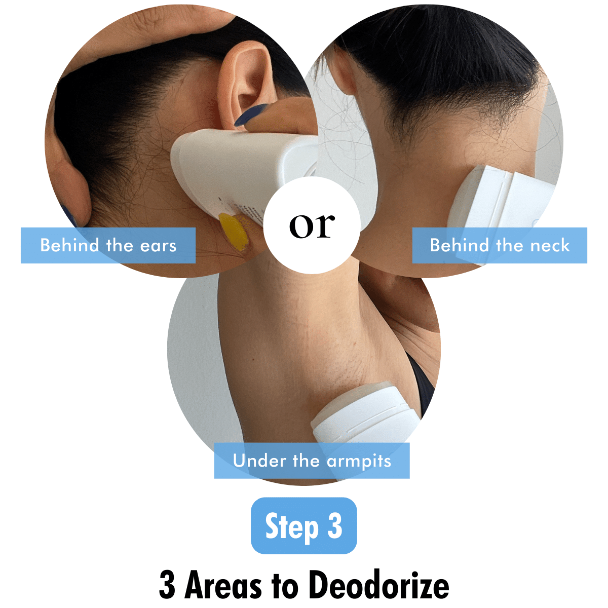 Step 3 of Mirai Clinical deodorant stick application: Visual guide pinpointing the three critical areas to apply the deodorant for effective nonenal combat and lasting freshness.