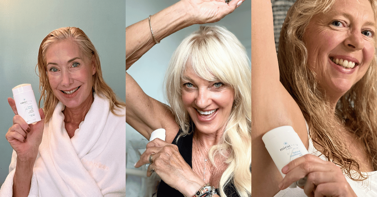 Three women in user-generated content (UGC) happily showcasing their Mirai Clinical Deodorant Stick, celebrated for its effectiveness in combating nonenal and body odor using the deodorizing benefits of persimmon.