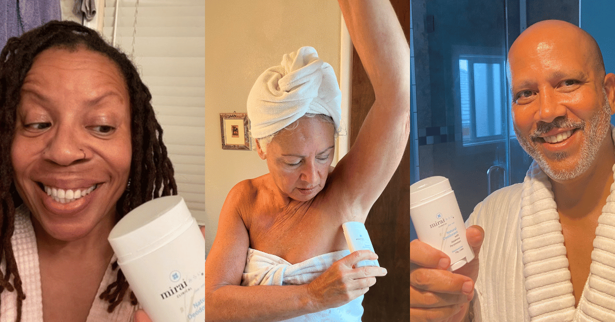 User-generated content (UGC) of satisfied customers showcasing Mirai Clinical's Deodorant Stick, highlighting its effectiveness in neutralizing nonenal and providing a natural deodorizing solution with persimmon.