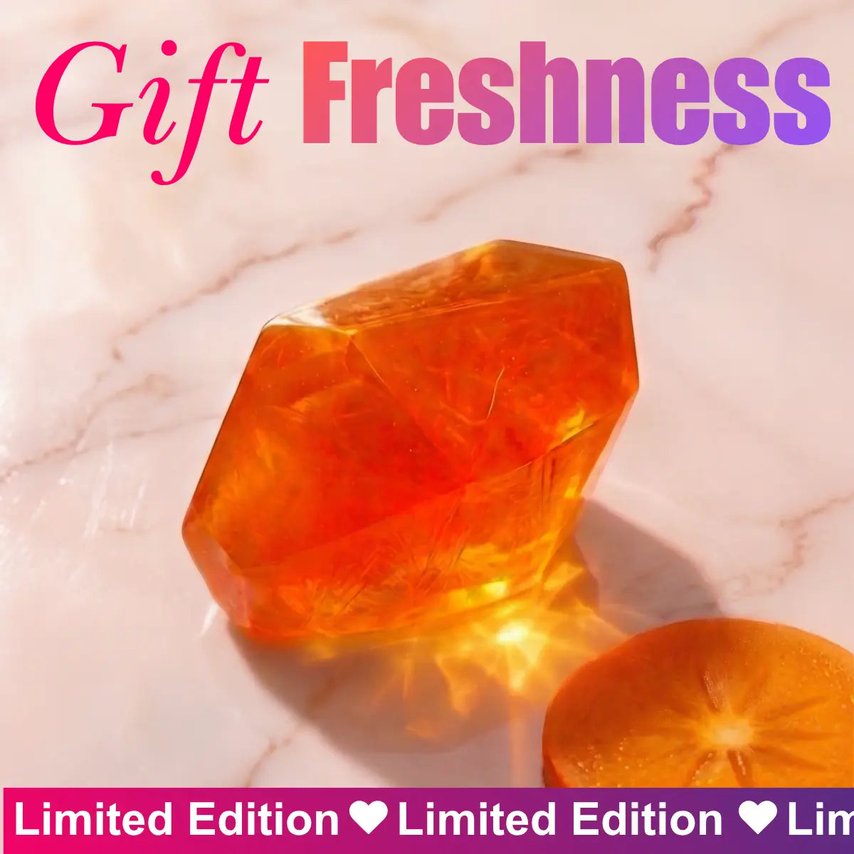 Limited edition diamond soap bar designed to help remove Nonenal aging odor with a citrus-inspired gift presentation.