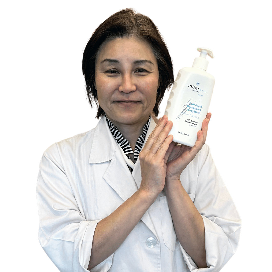 Dr. Yoko from Mirai Clinical presenting a deodorizing body wash enriched with persimmon extract, expertly formulated to address nonenal-caused body odor.