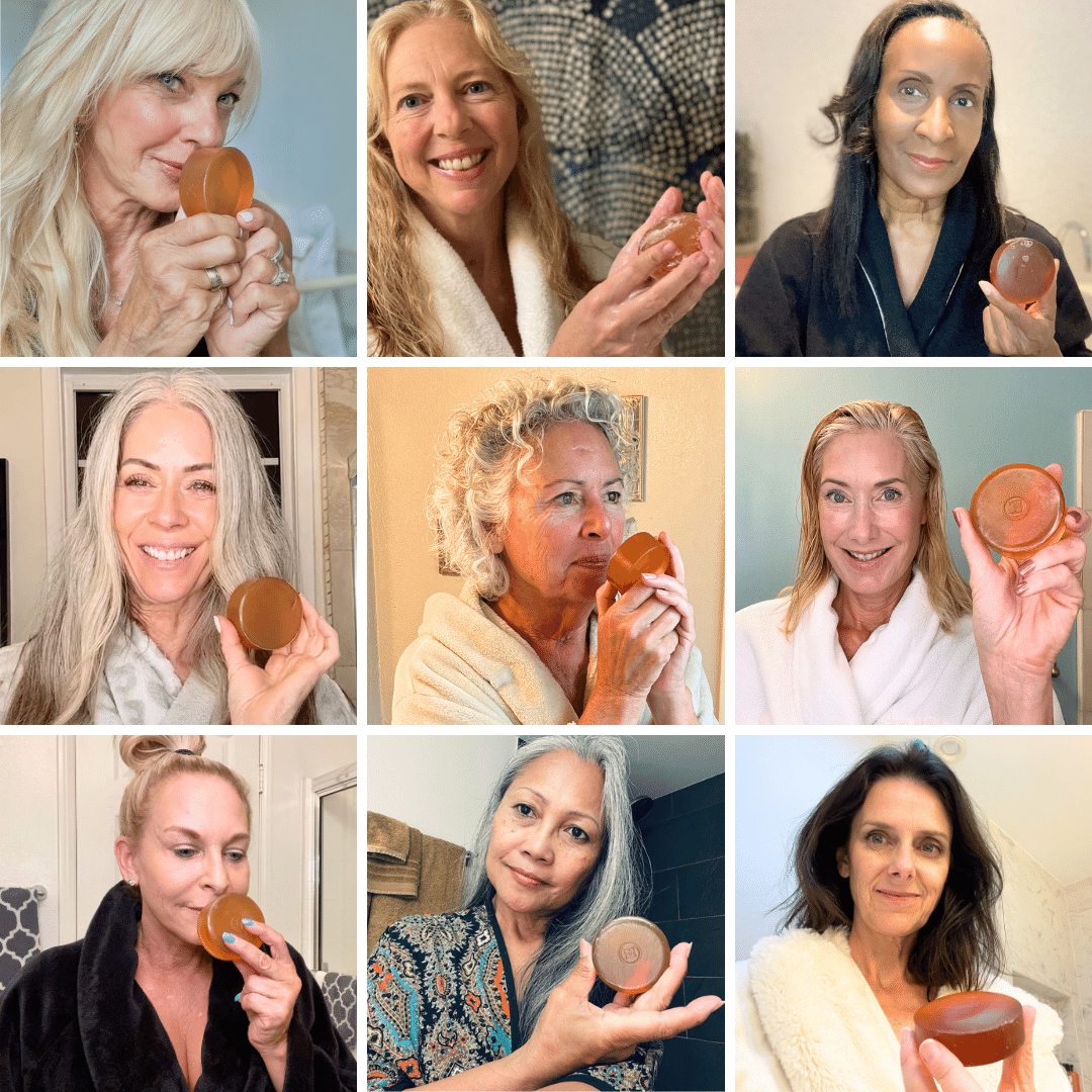 Collage of diverse faces, each capturing the rejuvenating sensation of Mirai Clinical's persimmon-infused soap against nonenal odor.