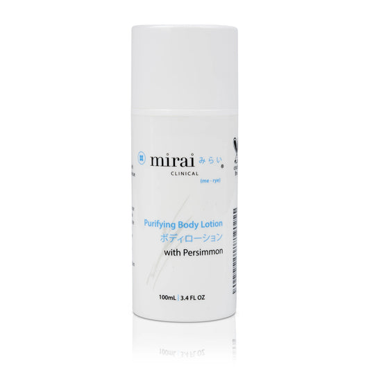 Front view of Mirai Clinical's Purifying Body Lotion, infused with the powerful benefits of Japanese persimmon extract, designed to deeply moisturize and combat nonenal body odor.