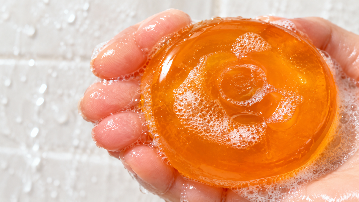 Orange persimmon soap held in a wet hand