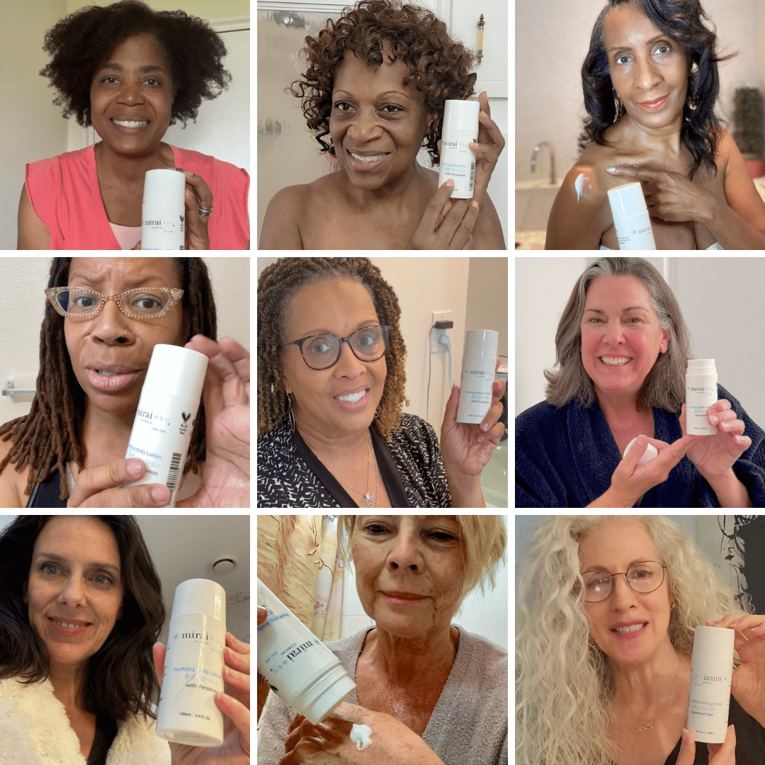 Nine women proudly displaying Mirai Clinical's nonenal deodorizing persimmon lotion bottles