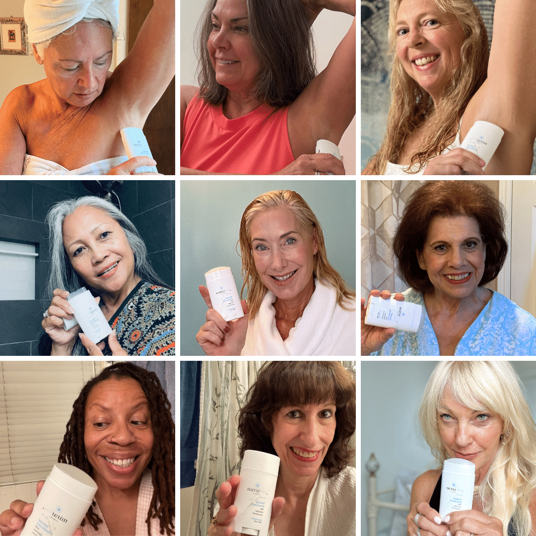 Group of nine women holding Mirai Clinical deodorant stick bottles, formulated for nonenal body odor with persimmon extract.