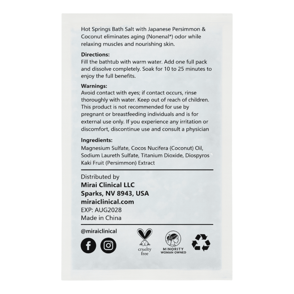 A white rectangular product information card with black text detailing directions, warnings, ingredients, and distribution details for Mirai Clinical LLC, along with social media icons and certification logos at the bottom.