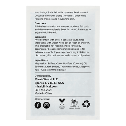 A white rectangular product information card with black text detailing directions, warnings, ingredients, and distribution details for Mirai Clinical LLC, along with social media icons and certification logos at the bottom.