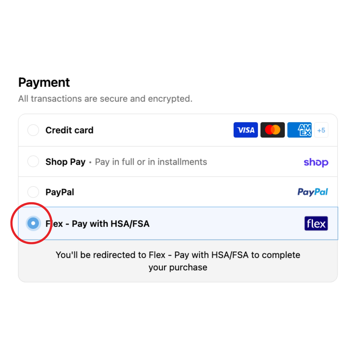 Payment method selection screen showing options including Credit card, Shop Pay, PayPal, and Flex - Pay with HSA/FSA, with Flex selected and a blue circle around it.

