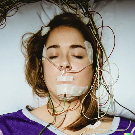 Woman participating in a sleep study associated with Koko Face Yoga, the sister brand of Mirai Clinical, showcasing the process and tools used to analyze sleep patterns and improve sleep quality.