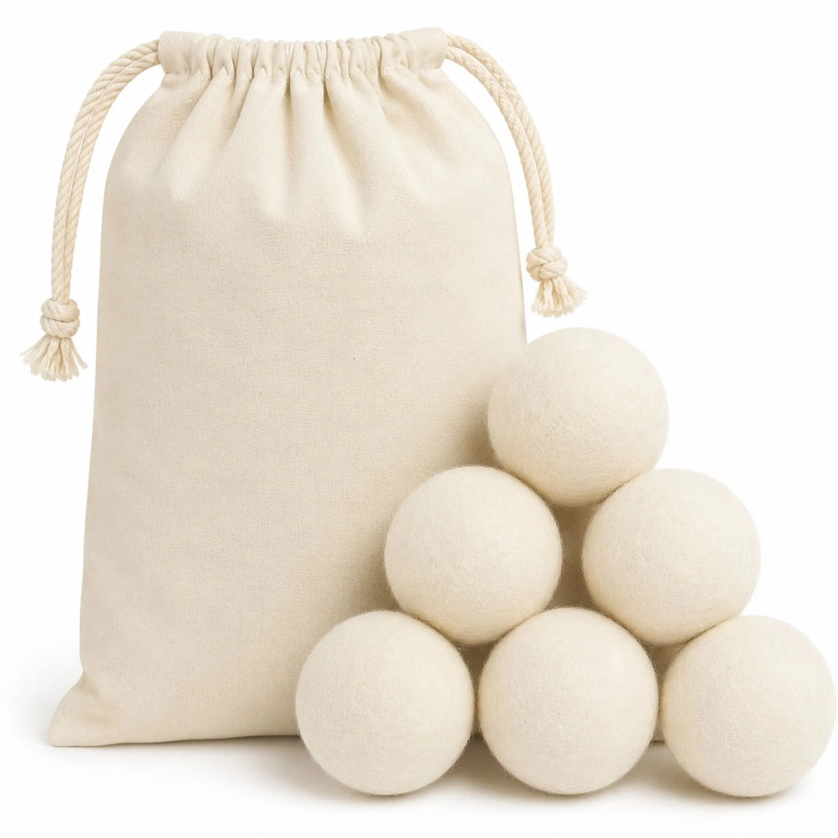 Cotton storage bag with six reusable wool dryer balls for naturally soft laundry, faster drying, and reduced static.