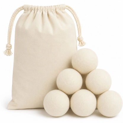 Cotton storage bag with six reusable wool dryer balls for naturally soft laundry, faster drying, and reduced static.