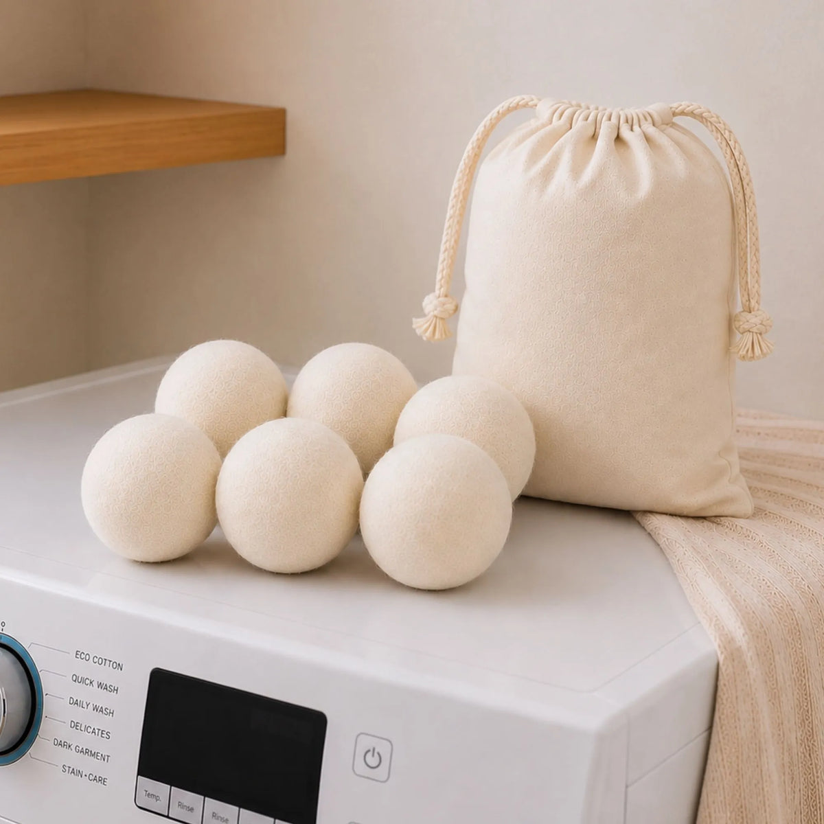 Reusable wool dryer balls resting on a washing machine, ready to soften laundry naturally and reduce drying time.
