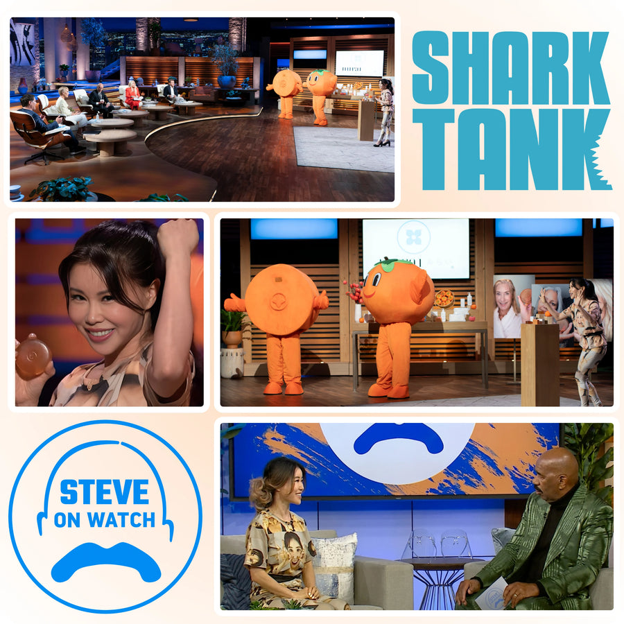 Photo collage of Mirai Clinical's Shark Tank appearance: founder Koko Hayashi celebrating, mascot costumes shaped like soap and persimmon on set, and Koko presenting to the Shark Tank investors