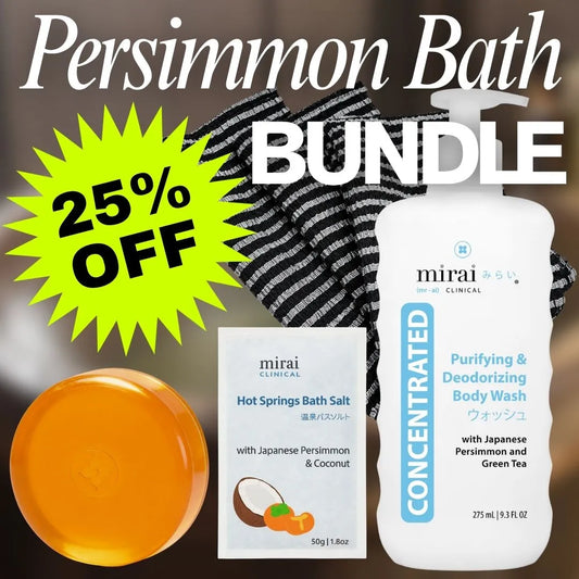 Mirai Clinical Persimmon Bath Bundle with soap, body wash, bath salts, and towel, 25% off.
