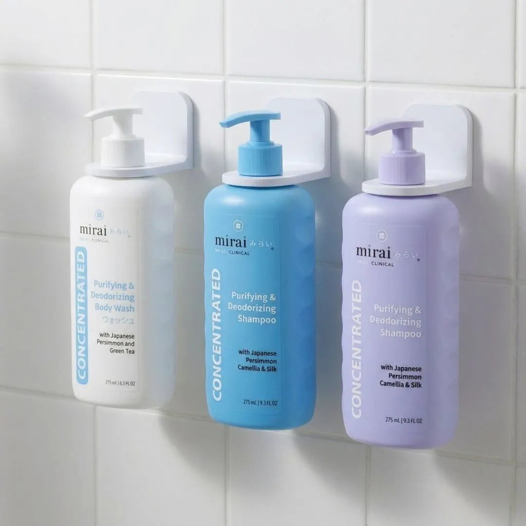 Mirai Clinical shampoo, conditioner, and body wash holder set