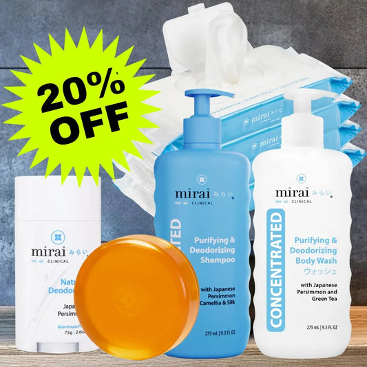Mirai Clinical Total Body Deodorizing Set with 20% off, featuring soap, shampoo,  body wash, Deodorant, and Body Wipes
