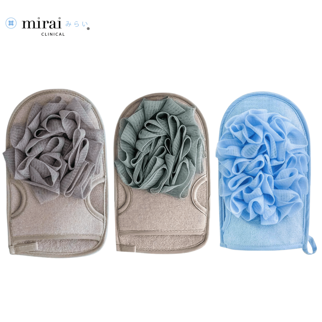 Mirai Clinical's soap sponges in green, beige, and blue colors, designed for gentle exfoliation and effective cleansing with persimmon-infused deodorizing properties.