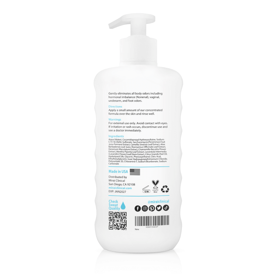 Mirai Clinical Deodorizing Purifying Body Wash with Japanese Persimmon Back View Ingredients and Directions