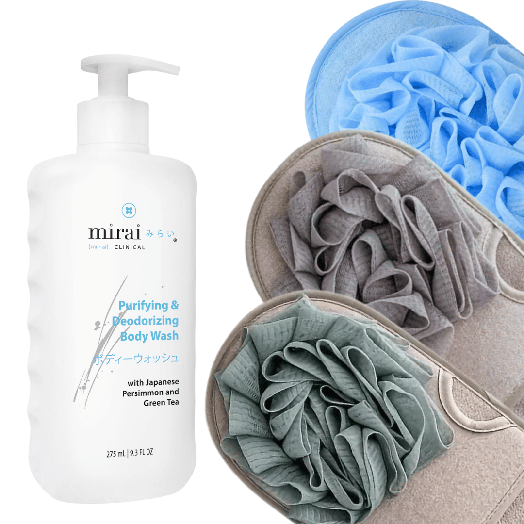 Mirai Clinical's body wash bottle paired with soap sponges in green, beige, and blue emphasizing a complete cleansing routine enhanced by persimmon-infused deodorizing properties.