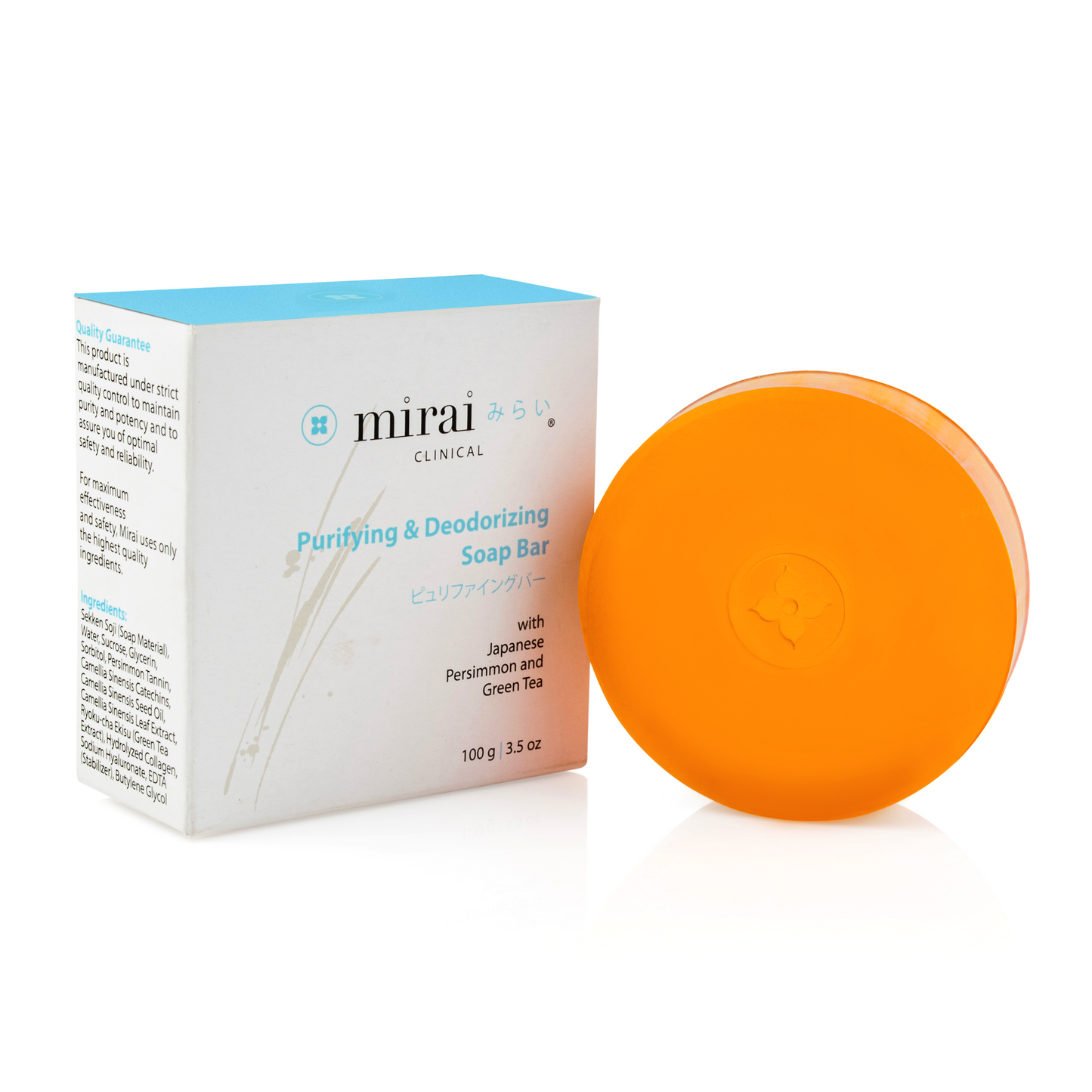 Mirai Clinical's Deodorizing Soap Bar, richly formulated with Japanese Persimmon extract, designed to target and neutralize nonenal body odor, delivering a rejuvenating cleanse with every use.