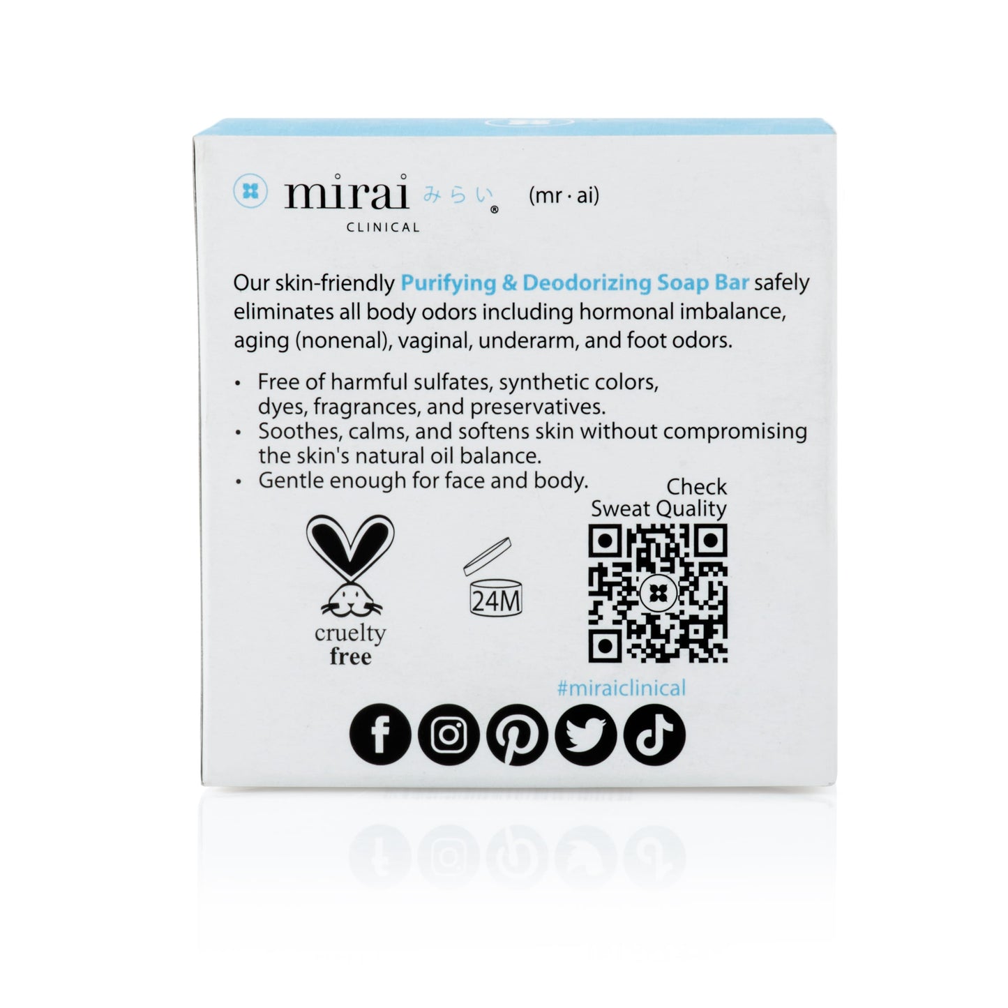 Back view of Mirai Clinical Deodorizing Soap with Persimmon packaging, highlighting ingredient list and usage instructions.