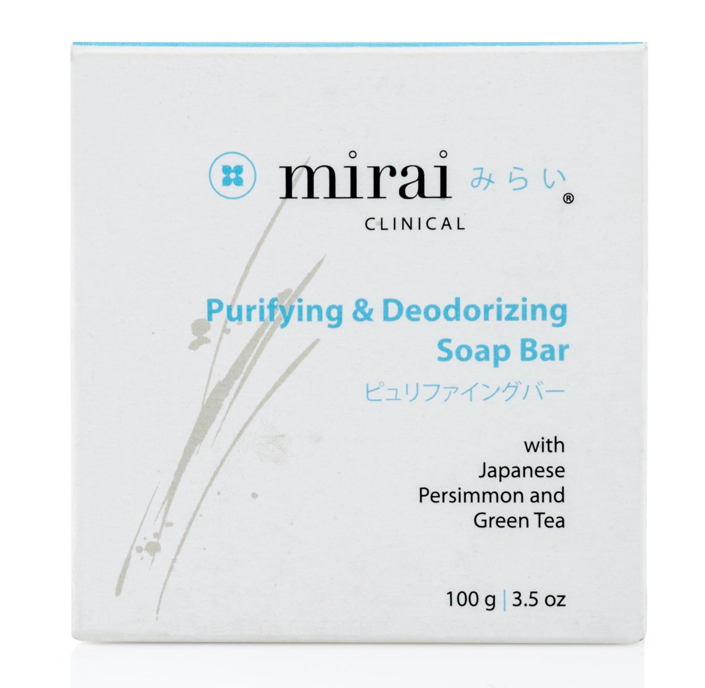 Front view of Mirai Clinical Deodorizing Soap with Persimmon, featuring the product branding and natural persimmon extract for odor control.