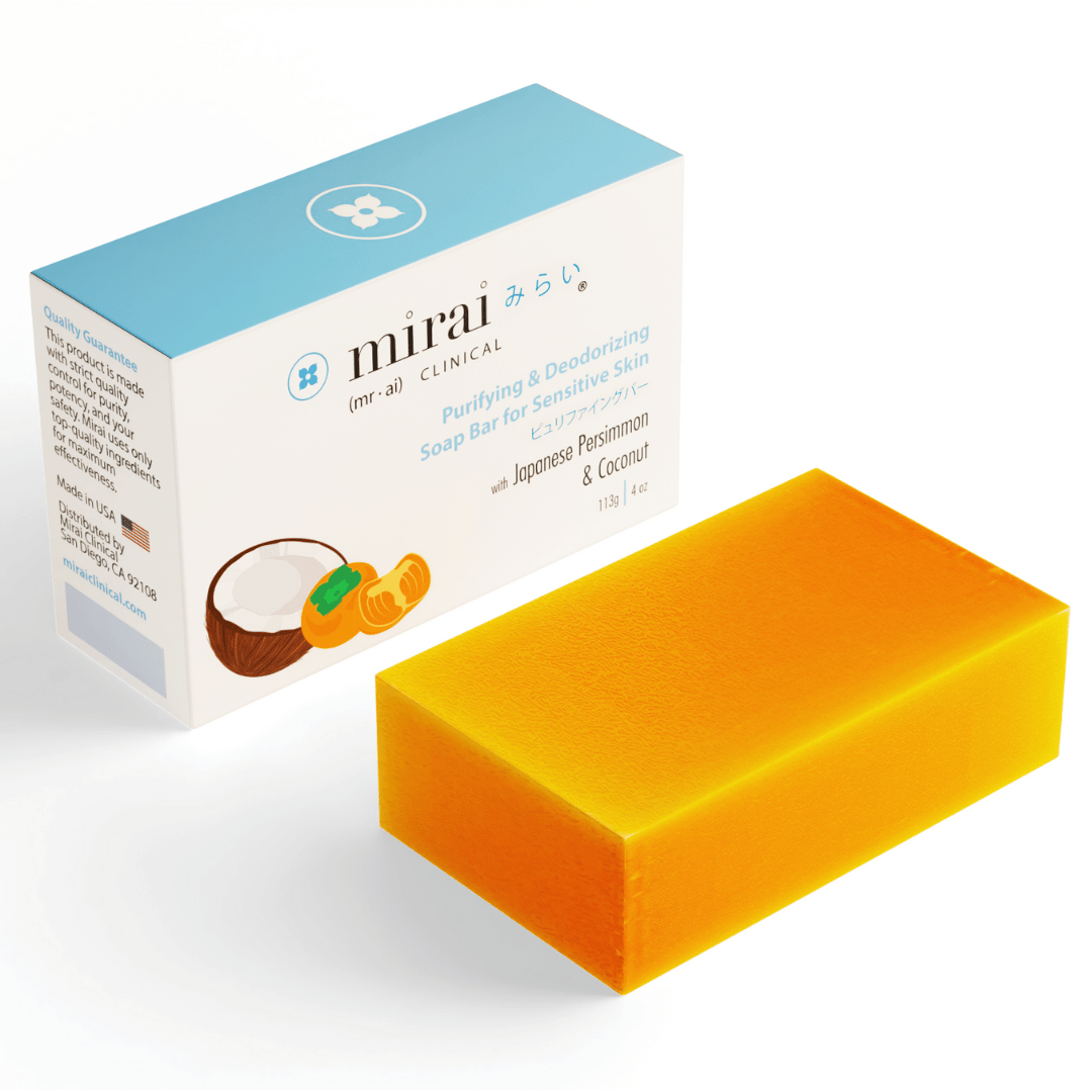 Mirai Clinical Purifying & Deodorizing Soap Bar specially formulated for sensitive skin with natural persimmon extract to combat nonenal odor.