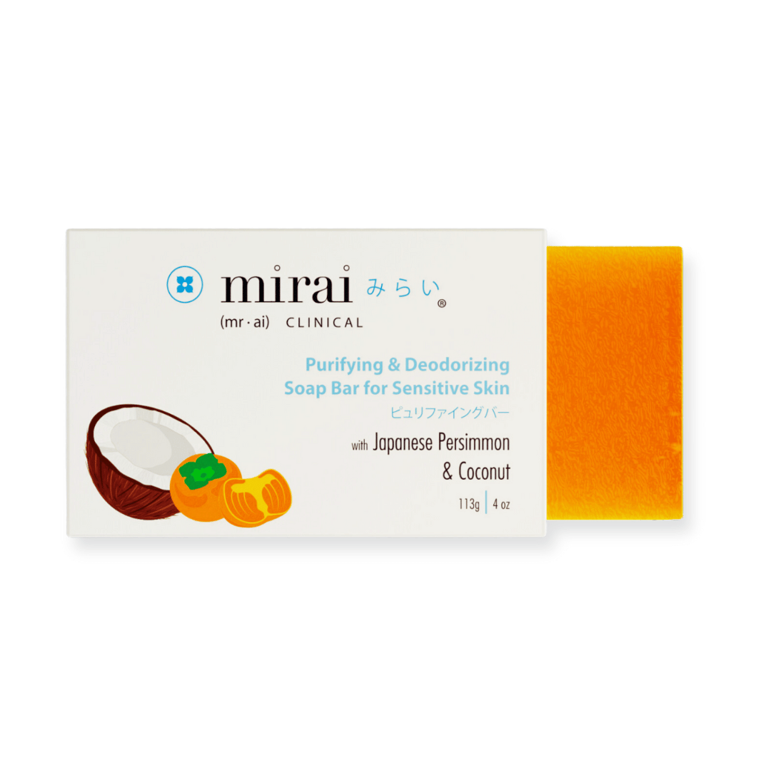 Mirai Clinical Sensitive Soap Bar, infused with Japanese Persimmon Extract and Coconut Oil, designed to neutralize nonenal and nourish skin.