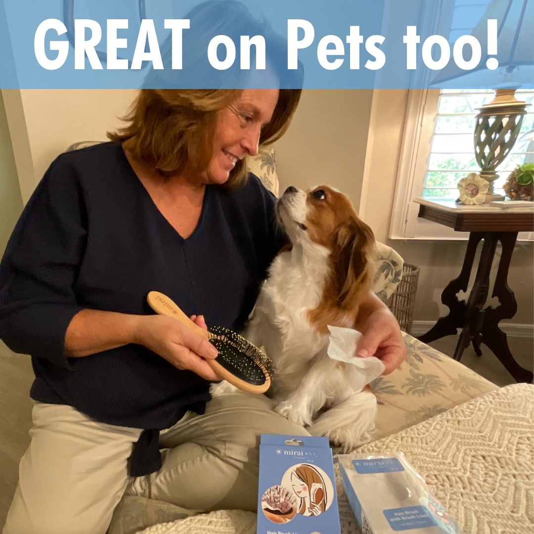 Woman and her beloved dog, highlighting the benefits of using Mirai Clinical's Hair Brush Liner Set designed specifically for pet grooming.