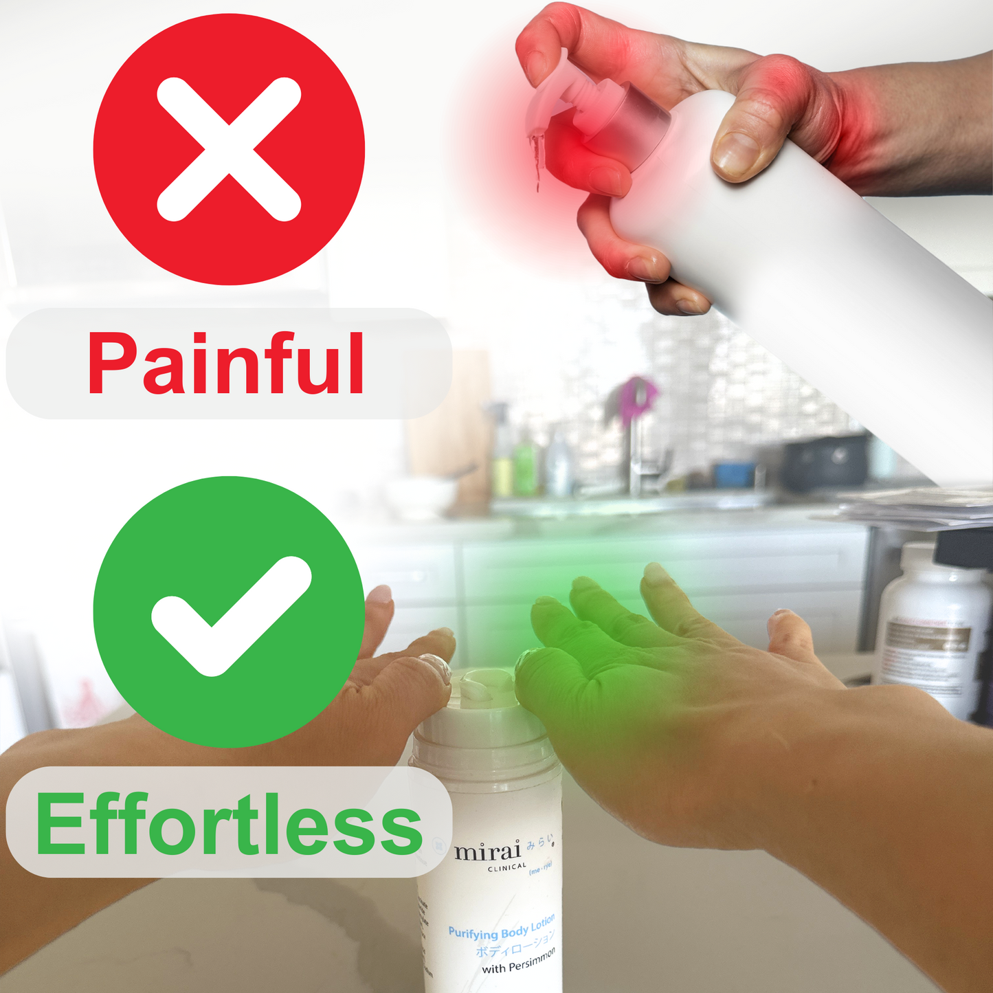 Mirai Clinical Purifying Body Lotion: Effortless Application vs. Painful Struggle. Image shows hands with sore joints using a difficult applicator vs. applying lotion with Mirai's easy-grip pump.