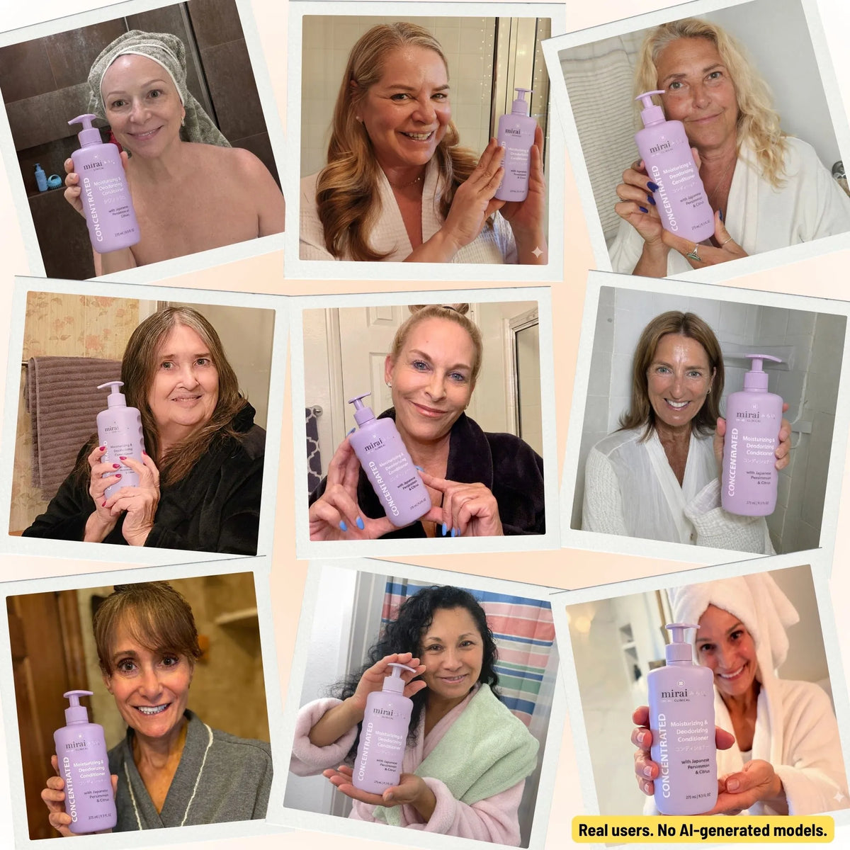 Collage of real customers holding Mirai Clinical deodorizing body wash with Japanese persimmon, helping reduce nonenal aging odor and body odor.