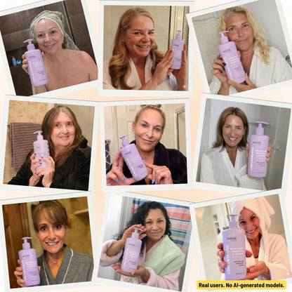 Collage of real customers holding Mirai Clinical deodorizing body wash with Japanese persimmon, helping reduce nonenal aging odor and body odor.