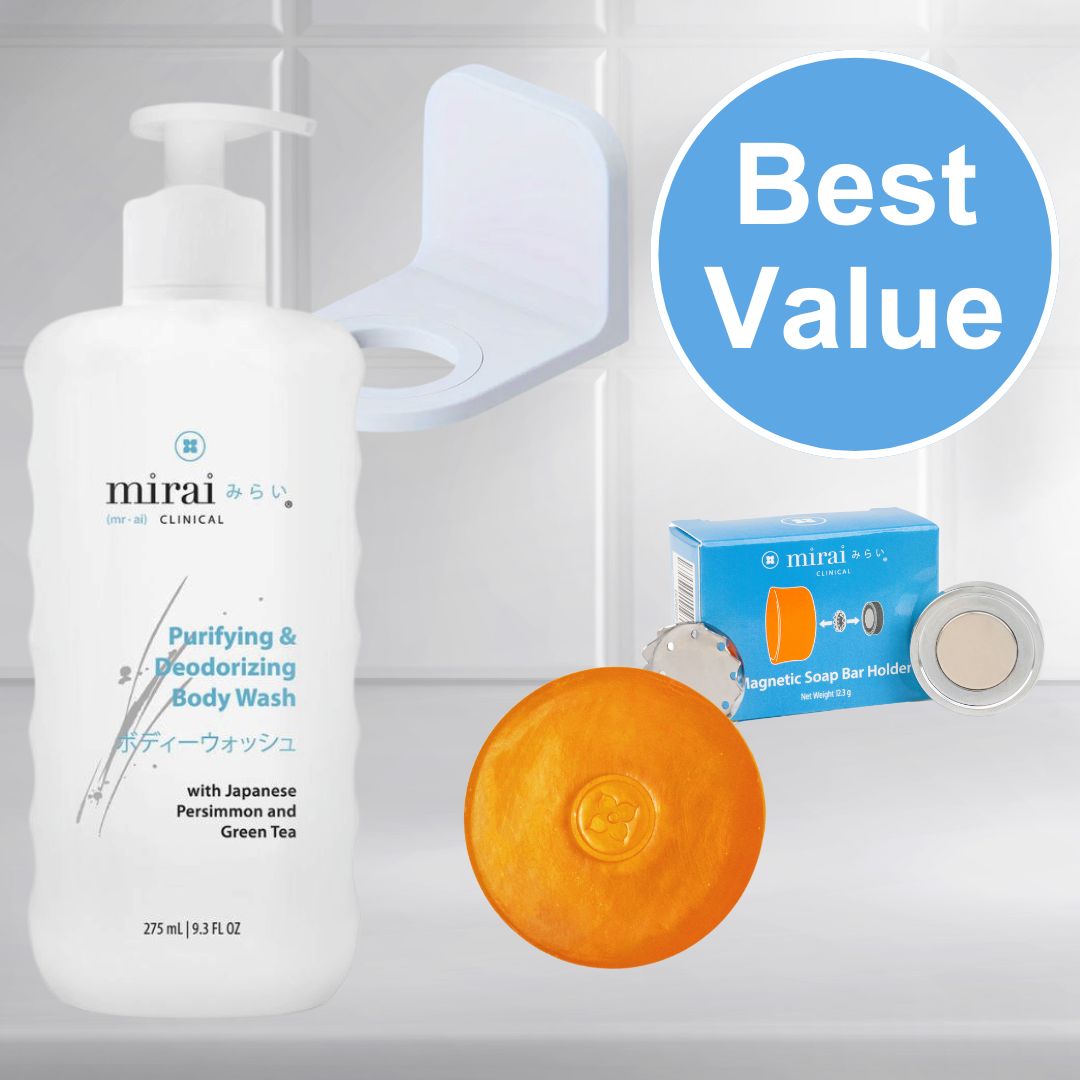 Mirai Clinical deodorizing soap and body wash with holders, best value bundle.