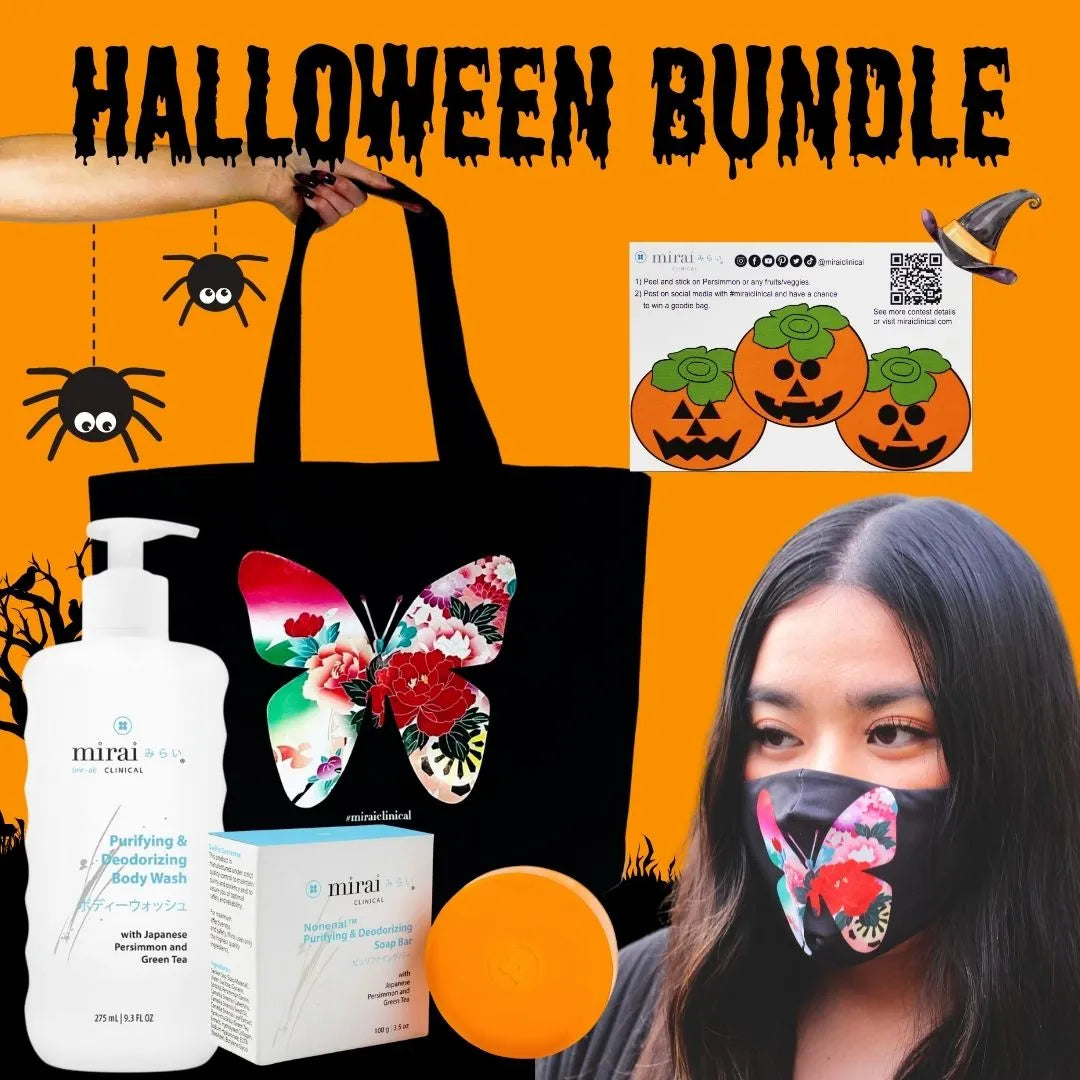 Mirai Clinical Halloween Bundle including body wash, soap bar, tote bag with butterfly design, black mask, and persimmon sticker.