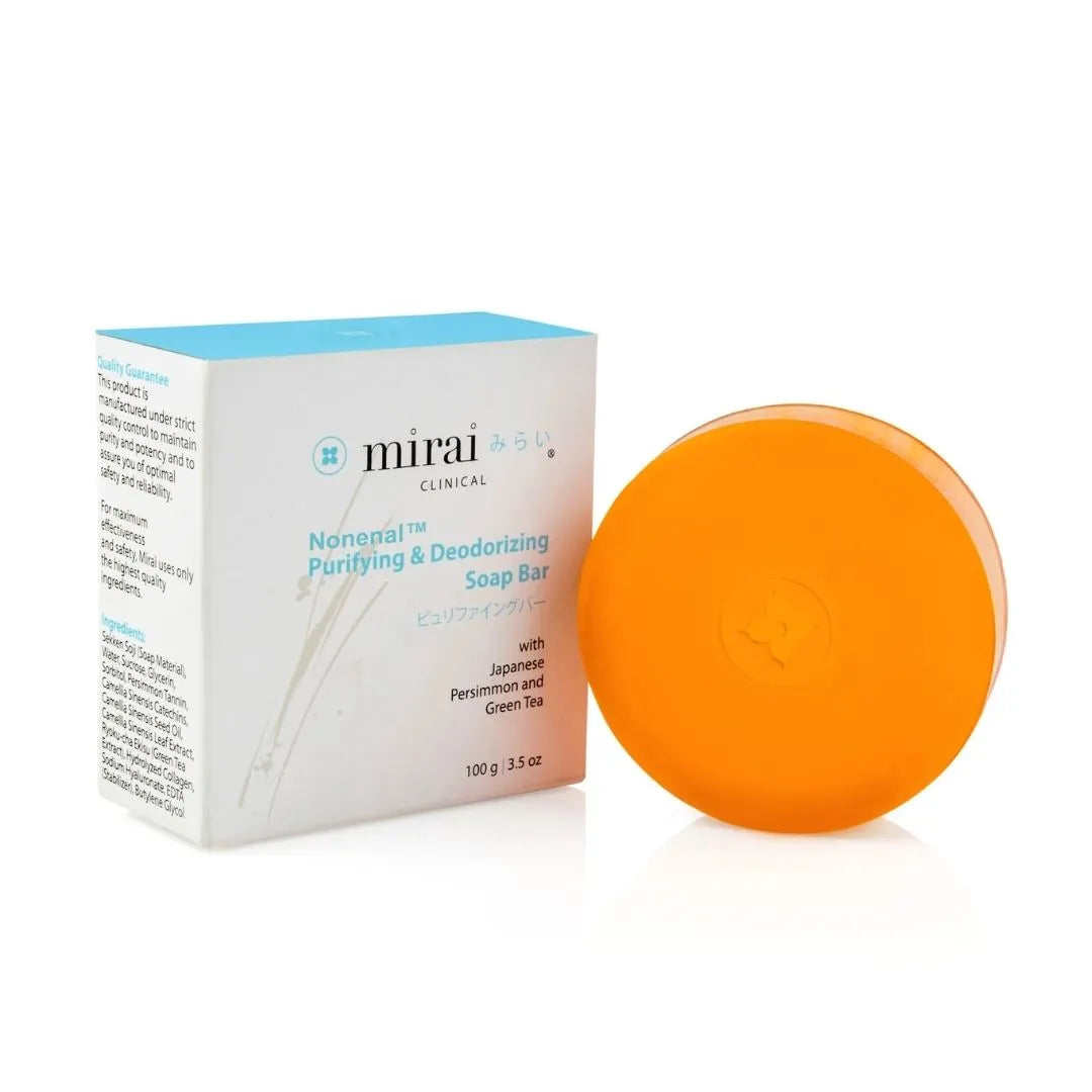 Mirai Clinical Purifying & Deodorizing Soap Bar with Japanese persimmon extract, part of the Halloween bundle offer for nonenal and body odor reduction.