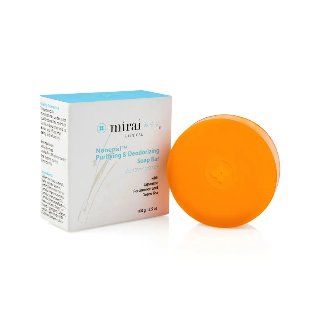 Mirai Clinical Purifying & Deodorizing Soap Bar with Box, infused with Japanese Persimmon and Green Tea for natural odor control and skincare.