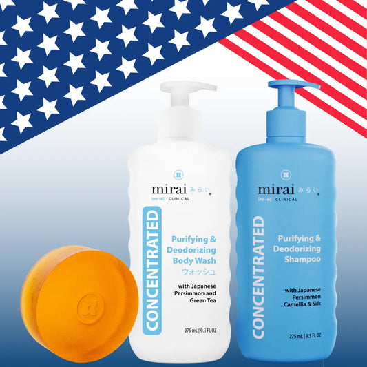 Memorial Day Bundle with Mirai Clinical Purifying & Deodorizing Body Wash and Shampoo, featuring Japanese Persimmon, Green Tea, Camellia, and a free soap bar.