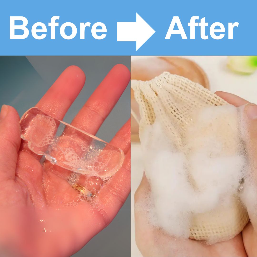 Mirai Clinical Soap Saver Bag before and after for rich lather and exfoliation.