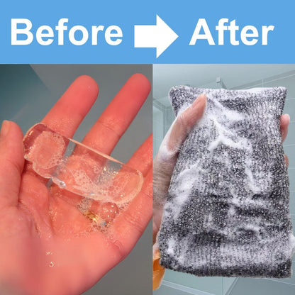 Mirai Clinical Soap Saver Bag before and after – enhances lather, reduces soap waste, and provides gentle exfoliation.