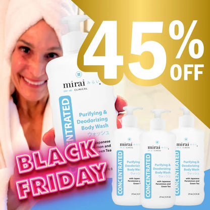 Promotion: Buy 3 Get 1 Free Mirai Clinical Body Wash, offering effective nonenal and body odor reduction.