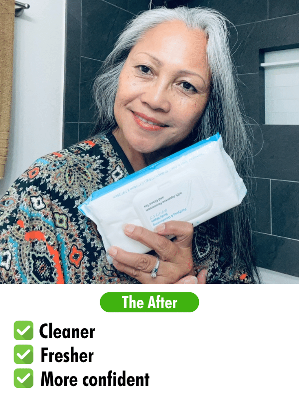 Woman looking happy and confident, feeling cleaner and fresher after using Mirai Clinical Body Wipe for effective nonenal reduction and body odor control.