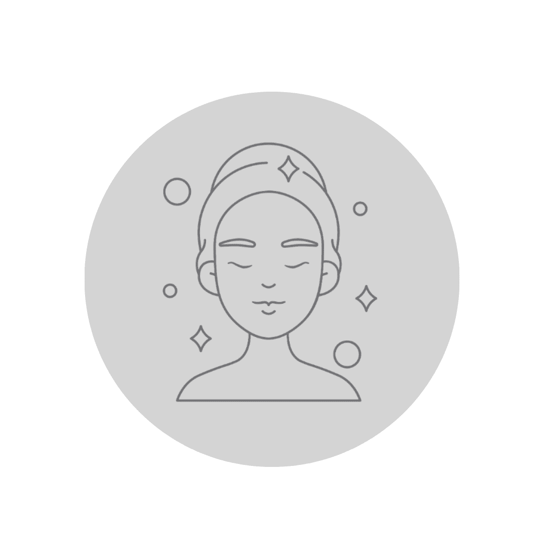 Illustration of a serene face with sparkling clean skin, representing the effects of using the Mirai Clinical Bubble Rich Towel for radiant skin.