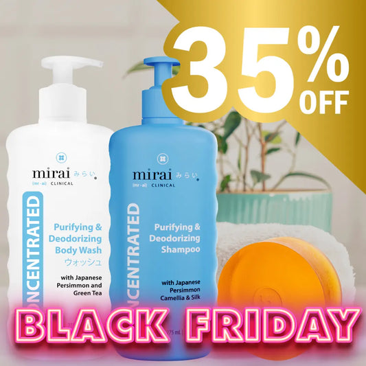 Mirai Clinical Complete Purifying Set with 35% OFF: Body Wash, Shampoo, and Soap for full-body odor control.