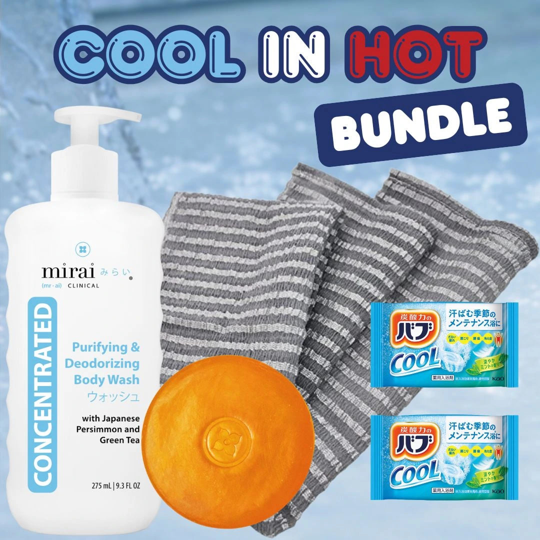 Mirai Clinical Hot Springs Bundle featuring purifying and deodorizing body wash, soap bar, premium towel, and 2 Cool in hot bath bomb, promoting relaxation and odor control.